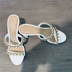 Veronica Beard Gretchen Sandals White Gold Chain Block Heel – Size 6 (New)